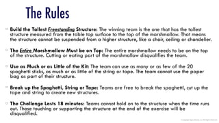 © Copyright Agile Velocity, LLC All Rights Reserved
The Rules
Build the Tallest Freestanding Structure: The winning team is the one that has the tallest
structure measured from the table top surface to the top of the marshmallow. That means
the structure cannot be suspended from a higher structure, like a chair, ceiling or chandelier. 
The Entire Marshmallow Must be on Top: The entire marshmallow needs to be on the top
of the structure. Cutting or eating part of the marshmallow disqualifies the team.   
Use as Much or as Little of the Kit: The team can use as many or as few of the 20
spaghetti sticks, as much or as little of the string or tape. The team cannot use the paper
bag as part of their structure. 
Break up the Spaghetti, String or Tape: Teams are free to break the spaghetti, cut up the
tape and string to create new structures. 
The Challenge Lasts 18 minutes: Teams cannot hold on to the structure when the time runs
out. Those touching or supporting the structure at the end of the exercise will be
disqualified. 
 