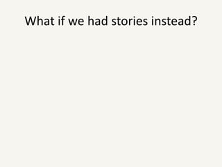 Stories emphasize user’s goals not system attributesWhat are we building?The product shall have a gas engineThe product shall have four wheelsThe product shall have rubber tyre mounted to each wheelThe product shall have a steering wheelThe product shall have a steel body