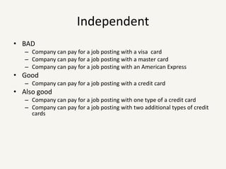 IndependentIntroduce as little dependencies as possibleBreak up work in vertical layersDependent stories should not be done in same sprint