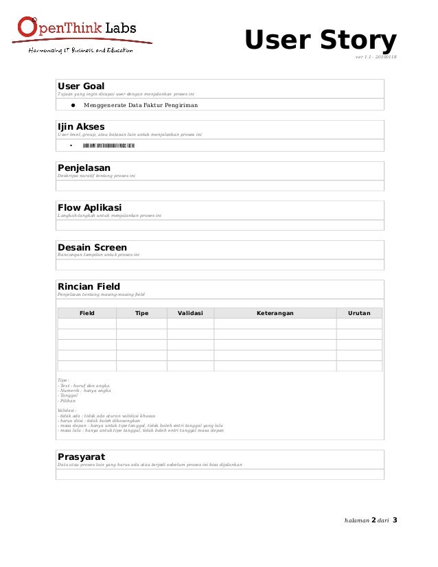Software Development : User Story Form - Template