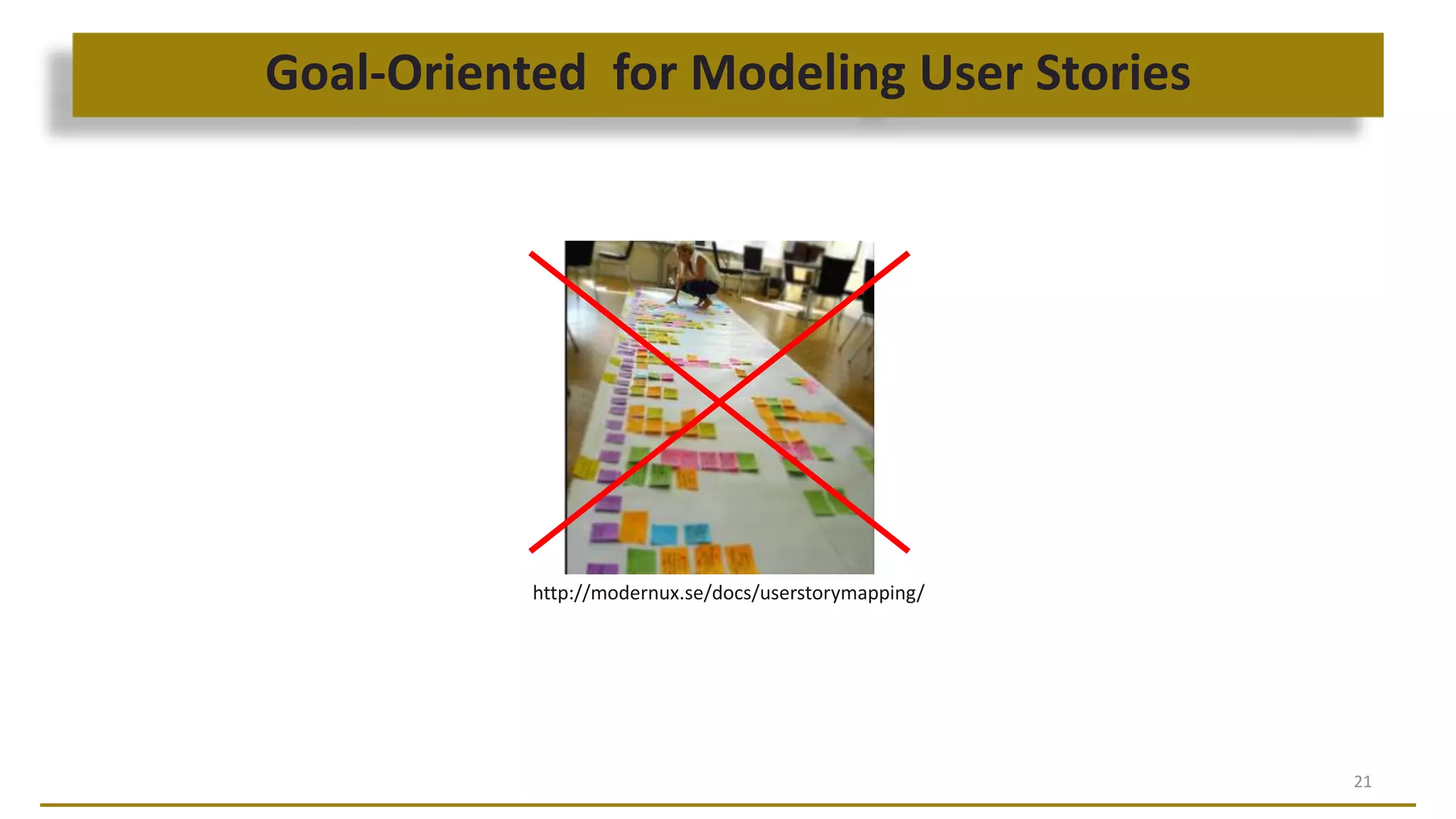 Goal-Oriented for Modeling User Stories
21
http://modernux.se/docs/userstorymapping/
 