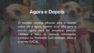 Agora e Depois
O modelo começa olhando para o mundo
como ele é agora, quando você olha para o
mundo agora, você vai encontrar pessoas
infelizes, a beira da loucura, estressadas,
confusas ou frustradas (um exemplo disso é
o termoVUCA).
 