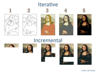 Itera<ve	
  
1 2 3 4 5
Credit:	
  Jeﬀ	
  Pa8on	
  
Incremental	
  
 