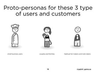 small business users couples and families habitual list makers and note takers
Proto-personas for these 3 type
of users and customers
19 @gajlof, gaine.se
 
