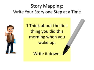 Story Mapping:
Write Your Story one Step at a Time
1.Think about the first
thing you did this
morning when you
woke up.
Write it down.
 