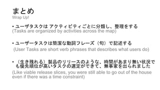 まとめ
Wrap Up!
• ユーザタスクは アクティビティごとに分類し、整理をする
(Tasks are organized by activities across the map)
• ユーザータスクは簡潔な動詞フレーズ（句）で記述する
(User Tasks are short verb phrases that describes what users do)
• （生き残れる）製品のリリースのような、時間があまり無い状況で
も優先順位が高いタスクの選定ができて、無事家を出られました
(Like viable release slices, you were still able to go out of the house
even if there was a time constraint)
 