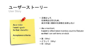 • 店舗として,
在庫商品を売るため、
楽天市場に最新の在庫数を反映したい
• As a merchant,
I want to reflect latest inventory count to Rakuten
so that I can sell items on-stock
> 誰（Who）
> どうして（Why）
> 何（What）
ユーザーストーリー
User Story
 