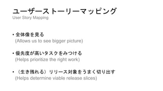ユーザーストーリーマッピング
User Story Mapping
• 全体像を見る
(Allows us to see bigger picture)
• 優先度が高いタスクをみつける
(Helps prioritize the right work)
• （生き残れる）リリース対象をうまく切り出す
(Helps determine viable release slices)
 