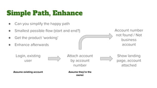 Simple Path, Enhance
● Can you simplify the happy path
● Smallest possible flow (start and end?)
● Get the product ‘working’
● Enhance afterwards
Attach account
by account
number
Login, existing
user
Show landing
page, account
attached
Assume existing account Assume they’re the
owner
Account number
not found / Not
business
account
 