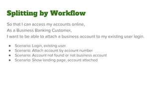 So that I can access my accounts online,
As a Business Banking Customer,
I want to be able to attach a business account to my existing user login.
● Scenario: Login, existing user
● Scenario: Attach account by account number
● Scenario: Account not found or not business account
● Scenario: Show landing page, account attached
Splitting by Workflow
 
