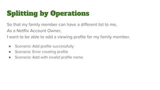 Splitting by Operations
So that my family member can have a different list to me,
As a Netflix Account Owner,
I want to be able to add a viewing profile for my family member.
● Scenario: Add profile successfully
● Scenario: Error creating profile
● Scenario: Add with invalid profile name
 
