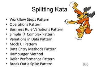 Splitting Kata
• Workflow Steps Pattern
• Operations Pattern
• Business Rule Variations Pattern
• Simple  Complex Pattern
• Variations in Data Pattern
• Mock UI Pattern
• Data Entry Methods Pattern
• Hamburger Method
• Defer Performance Pattern
• Break Out a Spike Pattern 戻る
 