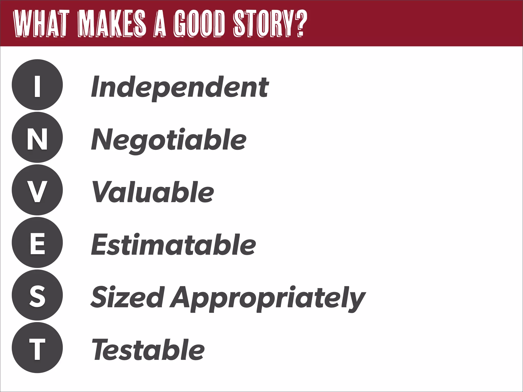 What Makes a Good Story?
 I    Independent
 N    Negotiable
 V    Valuable
 E    Estimatable
 S    Sized Appropriately
 T    Testable
 