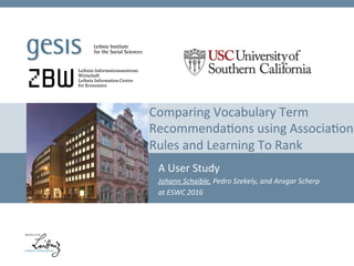 Comparing	Vocabulary	Term	
Recommenda5ons	using	Associa5on	
Rules	and	Learning	To	Rank	
A	User	Study		
Johann	Schaible,	Pedro	Szekely,	and	Ansgar	Scherp	
at	ESWC	2016	
 