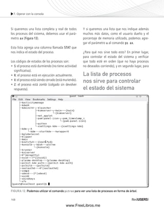 7. Operar con la consola 
Si queremos una lista completa y real de todos 
los procesos del sistema, debemos usar el pará-metro 
168 
ax (Figura 13). 
Esta lista agrega una columna llamada STAT que 
nos indica el estado del proceso. 
Los códigos de estados de los procesos son: 
• S: el proceso está durmiendo (no tiene actividad 
significativa). 
• R: el proceso está en ejecución actualmente. 
• X: el proceso está siendo cerrado (está muriendo). 
• Z: el proceso está zombi (colgado sin devolver 
respuesta). 
Y si queremos una lista que nos indique además 
muchos más datos, como el usuario dueño y el 
porcentaje de memoria utilizado, podemos agre-gar 
el parámetro u al comando ps ax. 
¿Para qué nos sirve todo esto? En primer lugar, 
para controlar el estado del sistema y verificar 
que todo esté en orden (que no haya procesos 
no deseados corriendo), y en segundo lugar, para 
La lista de procesos 
nos sirve para controlar 
el estado del sistema 
FIGURA 12. Podemos utilizar el comando pstree para ver una lista de procesos en forma de árbol. 
www.FreeLibros.me 
 
