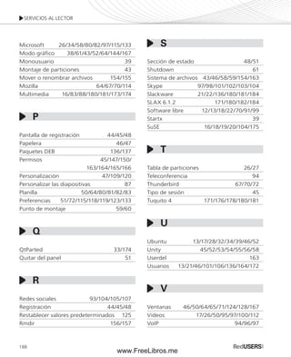 SERVICIOS AL LECTOR 
Microsoft 26/34/58/80/82/97/115/133 
Modo gráfico 38/61/43/52/64/144/167 
Monousuario 39 
Montaje de particiones 43 
Mover o renombrar archivos 154/155 
Mozilla 64/67/70/114 
Multimedia 16/83/88/180/181/173/174 
Pantalla de registración 44/45/48 
Papelera 46/47 
Paquetes DEB 136/137 
Permisos 45/147/150/ 
188 
163/164/165/166 
Personalización 47/109/120 
Personalizar las diapositivas 87 
Planilla 50/64/80/81/82/83 
Preferencias 51/72/115/118/119/123/133 
Punto de montaje 59/60 
QtParted 33/174 
Quitar del panel 51 
Redes sociales 93/104/105/107 
Registración 44/45/48 
Restablecer valores predeterminados 125 
Rmdir 156/157 
Sección de estado 48/51 
Shutdown 61 
Sistema de archivos 43/46/58/59/154/163 
Skype 97/98/101/102/103/104 
Slackware 21/22/136/180/181/184 
SLAX 6.1.2 171/180/182/184 
Software libre 12/13/18/22/70/91/99 
Startx 39 
SuSE 16/18/19/20/104/175 
Tabla de particiones 26/27 
Teleconferencia 94 
Thunderbird 67/70/72 
Tipo de sesión 45 
Tuquito 4 171/176/178/180/181 
Ubuntu 13/17/28/32/34/39/46/52 
Unity 45/52/53/54/55/56/58 
Userdel 163 
Usuarios 13/21/46/101/106/136/164/172 
Ventanas 46/50/64/65/71/124/128/167 
Videos 17/26/50/95/97/100/112 
VoIP 94/96/97 
P 
Q 
R 
S 
T 
U 
V 
www.FreeLibros.me 
 