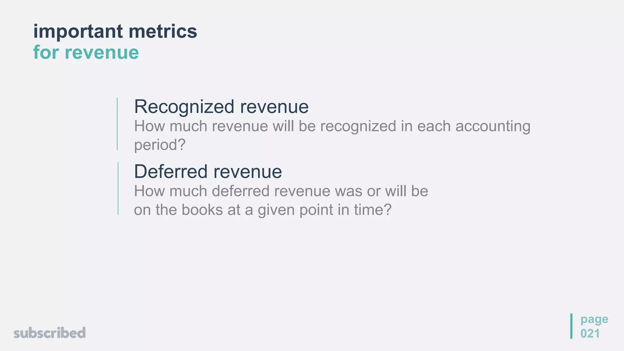 important metrics
for revenue
page
021
Recognized revenue
How much revenue will be recognized in each accounting
period?
Deferred revenue
How much deferred revenue was or will be
on the books at a given point in time?
 