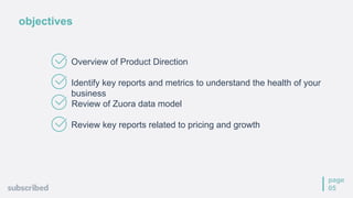 objectives
page
05
Identify key reports and metrics to understand the health of your
business
Overview of Product Direction
Review key reports related to pricing and growth
Review of Zuora data model
 