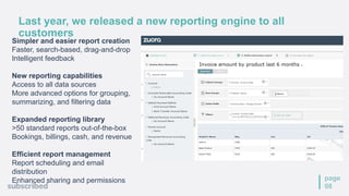 Last year, we released a new reporting engine to all
customers
page
08
Simpler and easier report creation
Faster, search-based, drag-and-drop
Intelligent feedback
New reporting capabilities
Access to all data sources
More advanced options for grouping,
summarizing, and filtering data
Expanded reporting library
>50 standard reports out-of-the-box
Bookings, billings, cash, and revenue
Efficient report management
Report scheduling and email
distribution
Enhanced sharing and permissions
 