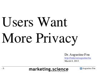 Users Want
More Privacy
         Dr. Augustine Fou
         http://linkd.in/augustinefou
         March 8, 2013


-1-                         Augustine Fou
 