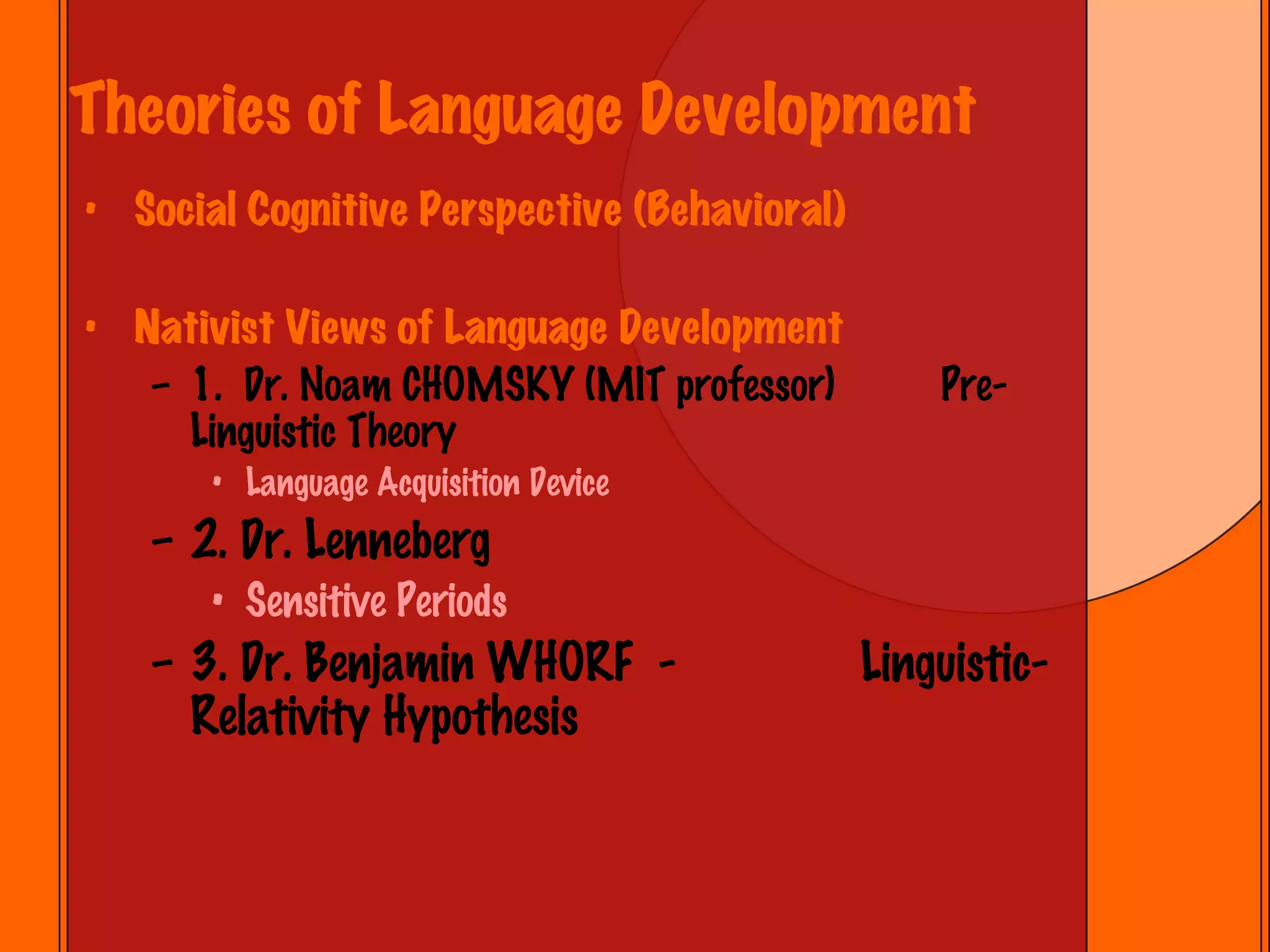 Theories of Language Development Social Cognitive Perspective (Behavioral) Nativist Views of Language Development 1.  Dr. Noam CHOMSKY (MIT professor)  Pre-Linguistic Theory Language Acquisition Device 2. Dr. Lenneberg Sensitive Periods 3. Dr. Benjamin WHORF  -  Linguistic-Relativity Hypothesis 