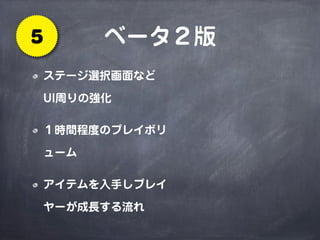 ベータ２版5
ステージ選択画面など
UI周りの強化
１時間程度のプレイボリ
ューム
アイテムを入手しプレイ
ヤーが成長する流れ
 