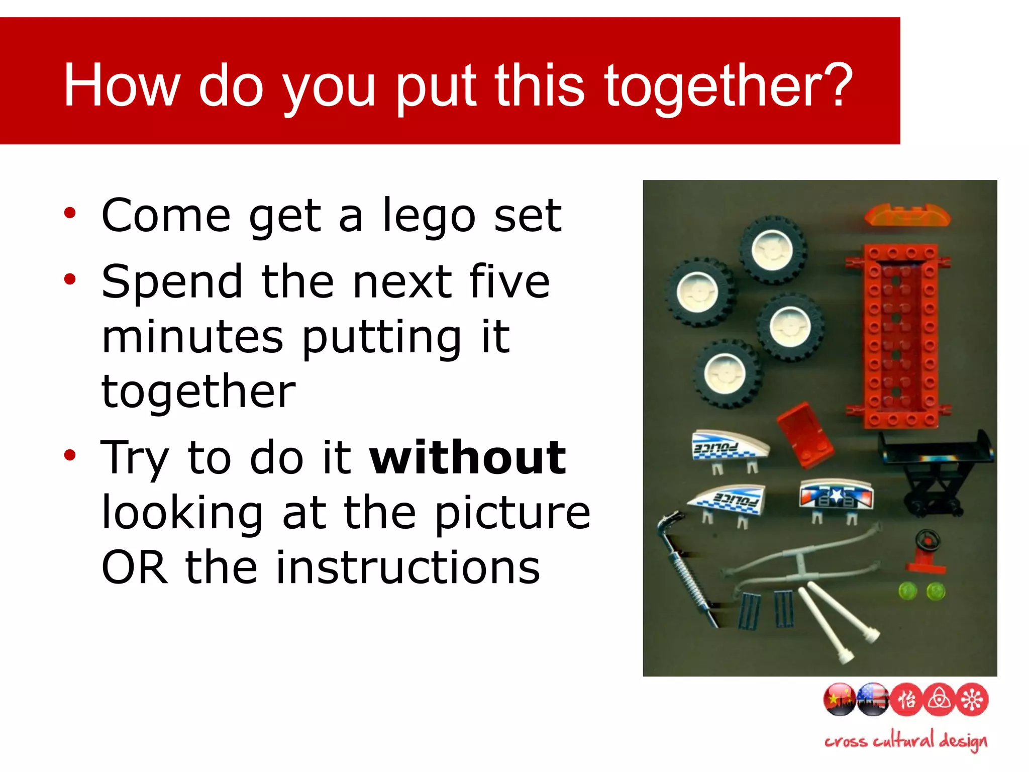 How do you put this together?
• Come get a lego set
• Spend the next five
minutes putting it
together
• Try to do it without
looking at the picture
OR the instructions
 