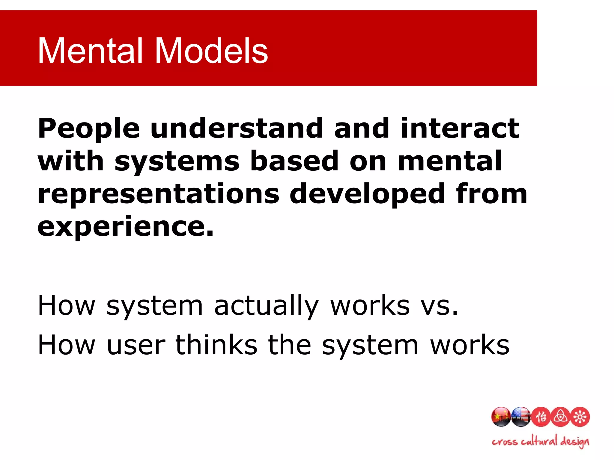 Mental Models
People understand and interact
with systems based on mental
representations developed from
experience.
How system actually works vs.
How user thinks the system works
 