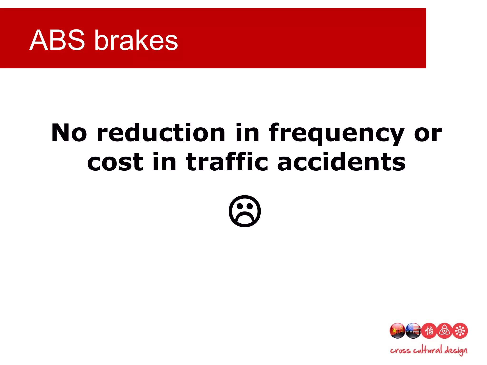 ABS brakes
No reduction in frequency or
cost in traffic accidents

 
