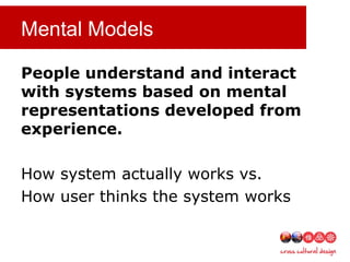 Mental Models
People understand and interact
with systems based on mental
representations developed from
experience.
How system actually works vs.
How user thinks the system works
 