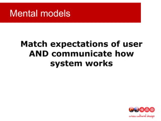 Mental models
Match expectations of user
AND communicate how
system works
 