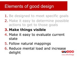 Elements of good design
1. Be designed to meet specific goals
2. Make it easy to determine possible
actions to get to those goals
3. Make things visible
4. Make it easy to evaluate current
state
5. Follow natural mappings
6. Reduce mental load and increase
delight
 