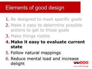 Elements of good design
1. Be designed to meet specific goals
2. Make it easy to determine possible
actions to get to those goals
3. Make things visible
4. Make it easy to evaluate current
state
5. Follow natural mappings
6. Reduce mental load and increase
delight
 