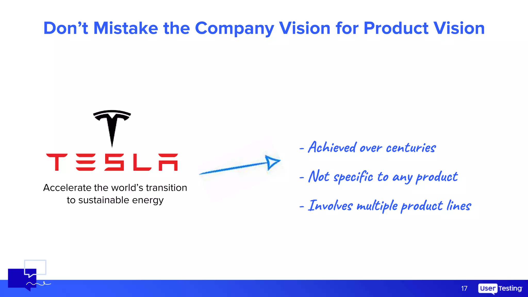 17
Don’t Mistake the Company Vision for Product Vision
Accelerate the world’s transition
to sustainable energy
- Achieved over centuries
- Not specific to any product
- Involves multiple product lines
 