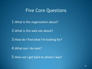 Five Core Questions

1.What is this organization about?

2.What is this web site about?

3.How do I find what I’m looking ...
