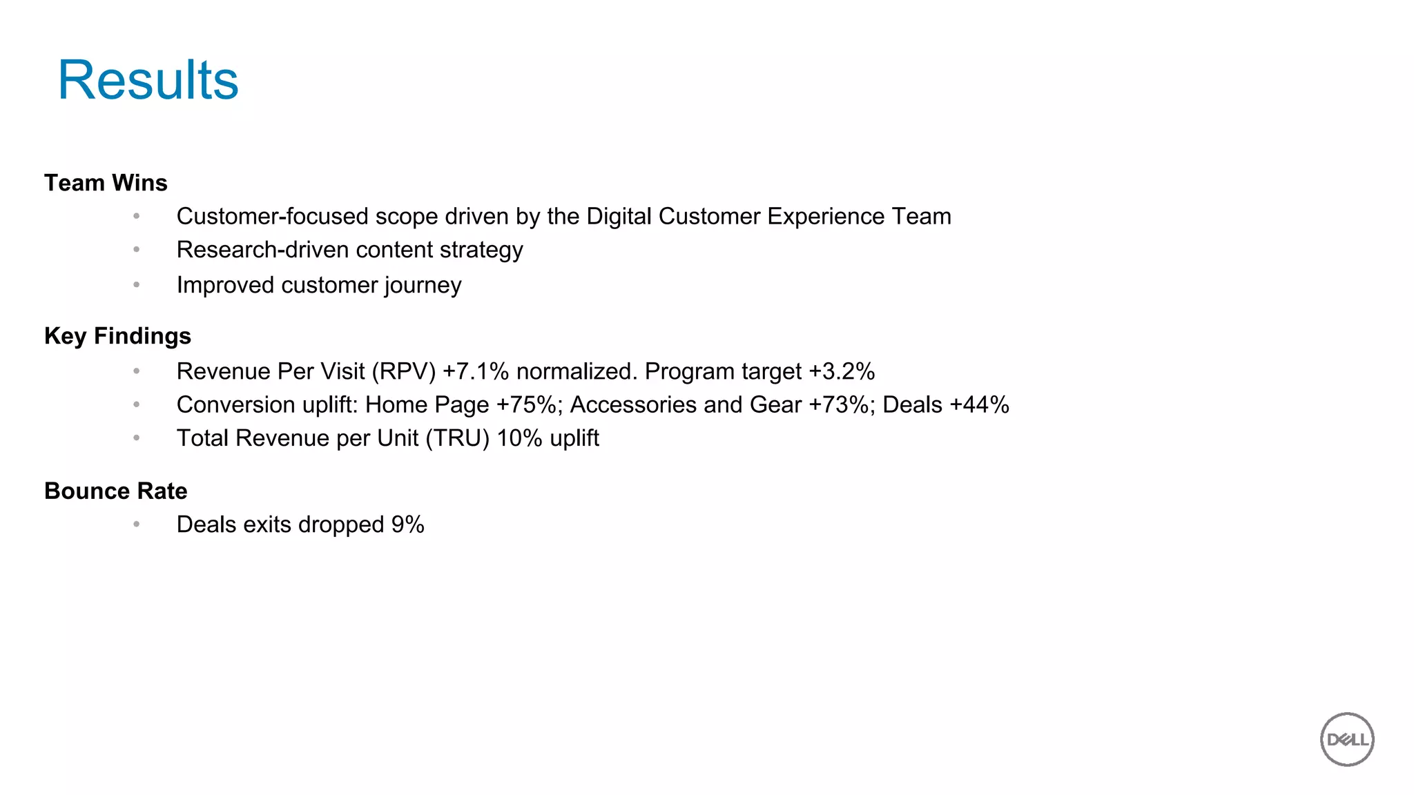 23 of 11
Results
Team Wins
•  Customer-focused scope driven by the Digital Customer Experience Team
•  Research-driven content strategy
•  Improved customer journey
Key Findings
•  Revenue Per Visit (RPV) +7.1% normalized. Program target +3.2%
•  Conversion uplift: Home Page +75%; Accessories and Gear +73%; Deals +44%
•  Total Revenue per Unit (TRU) 10% uplift
Bounce Rate
•  Deals exits dropped 9%
 