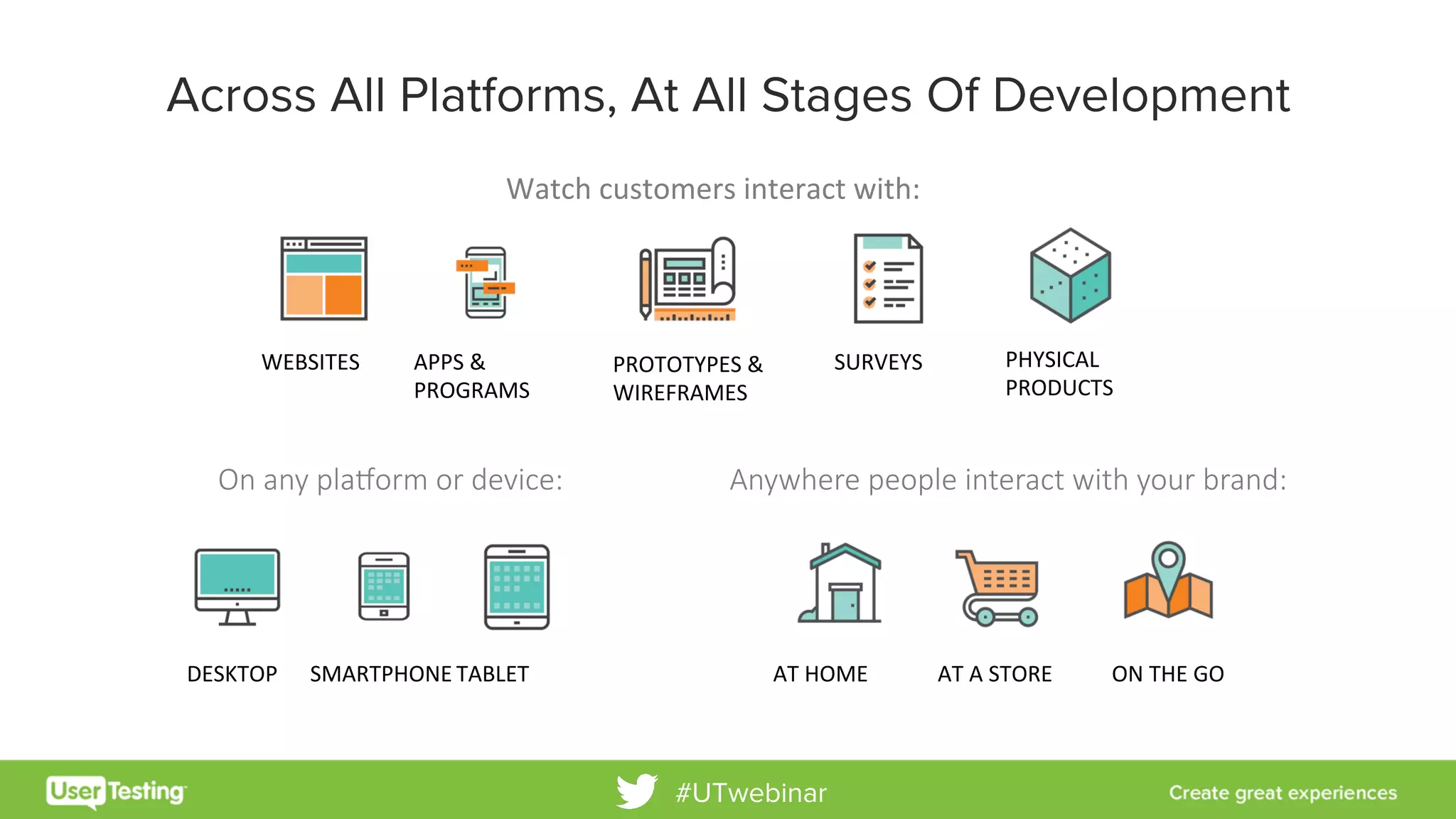 Across All Platforms, At All Stages Of Development
Watch	customers	interact	with:	
	
	
	
	
	
	
	
	
	
DESKTOP	 SMARTPHONE	TABLET	
WEBSITES	 APPS	&	
PROGRAMS	
PROTOTYPES	&	
WIREFRAMES	
SURVEYS	 PHYSICAL		
PRODUCTS	
	
Anywhere people interact with your brand:
AT	HOME	 AT	A	STORE	 ON	THE	GO	
On any pla6orm or device:
#UTwebinar
 