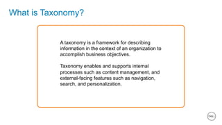 13 of 11
What is Taxonomy?
A taxonomy is a framework for describing
information in the context of an organization to
accomplish business objectives.
Taxonomy enables and supports internal
processes such as content management, and
external-facing features such as navigation,
search, and personalization.
 