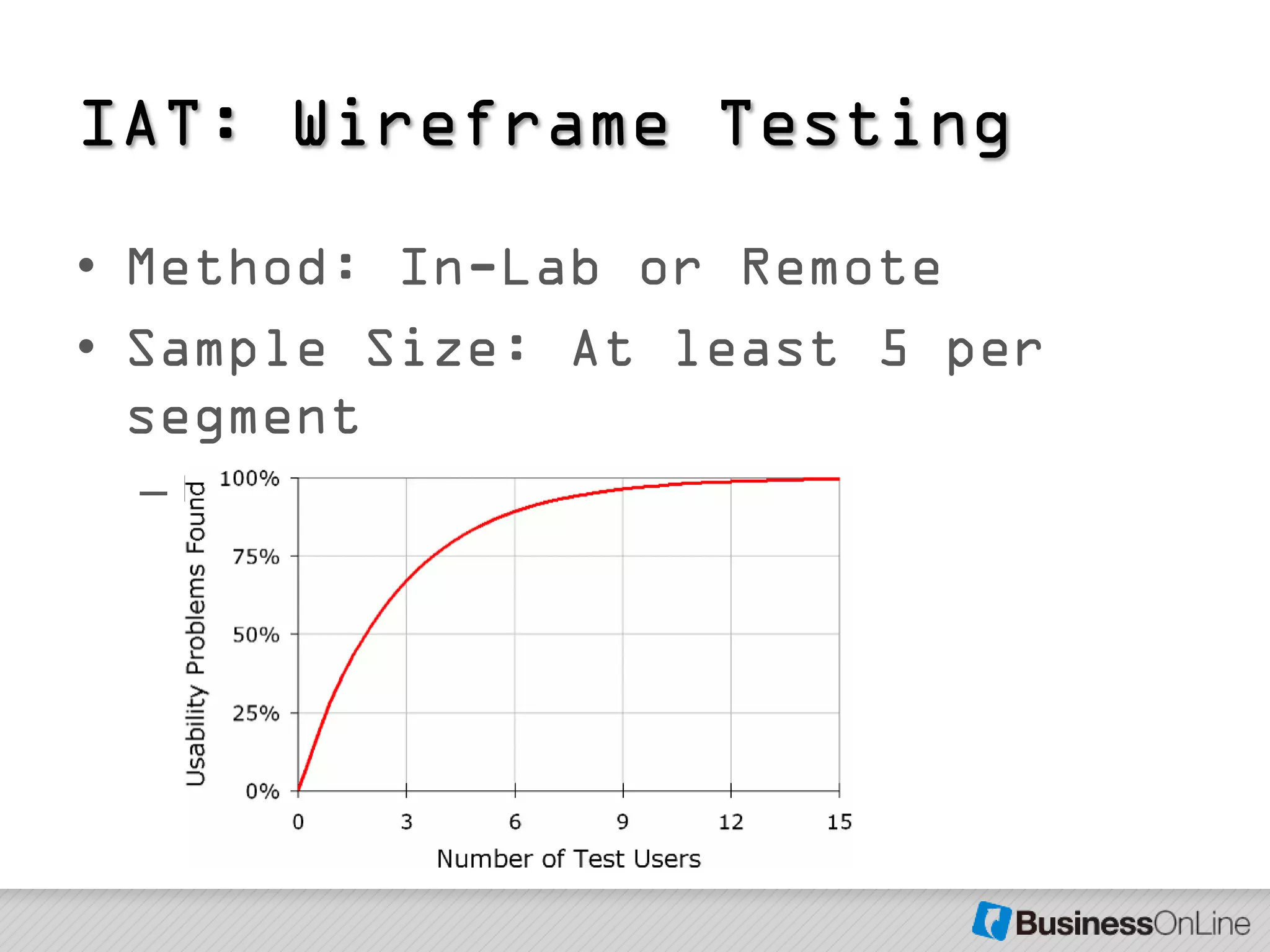IAT: Wireframe Testing
• Method: In-Lab or Remote
• Sample Size: At least 5 per
  segment
 – Why 5 Users?
 