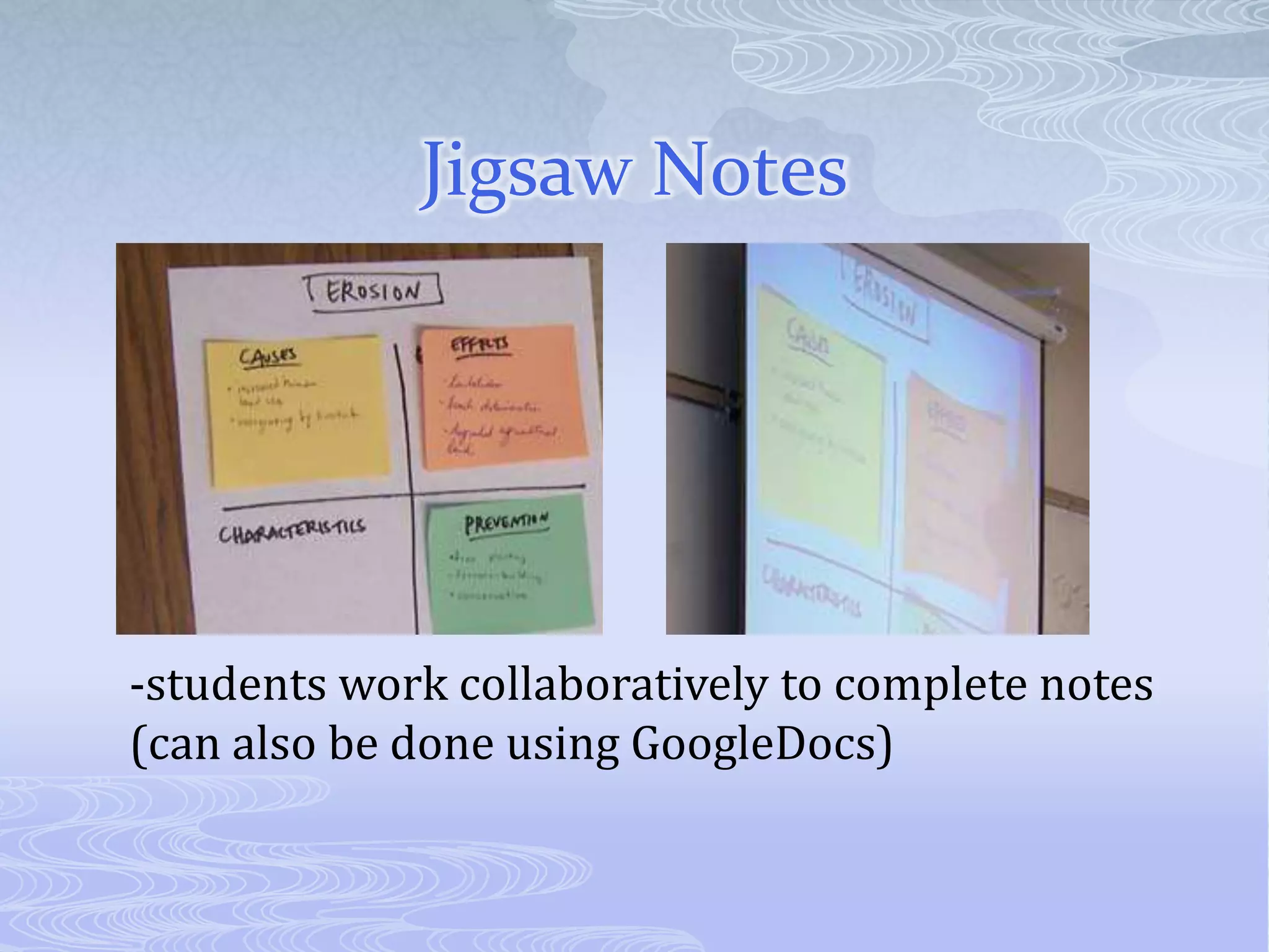 Jigsaw Notes-students work collaboratively to complete notes (can also be done using GoogleDocs)