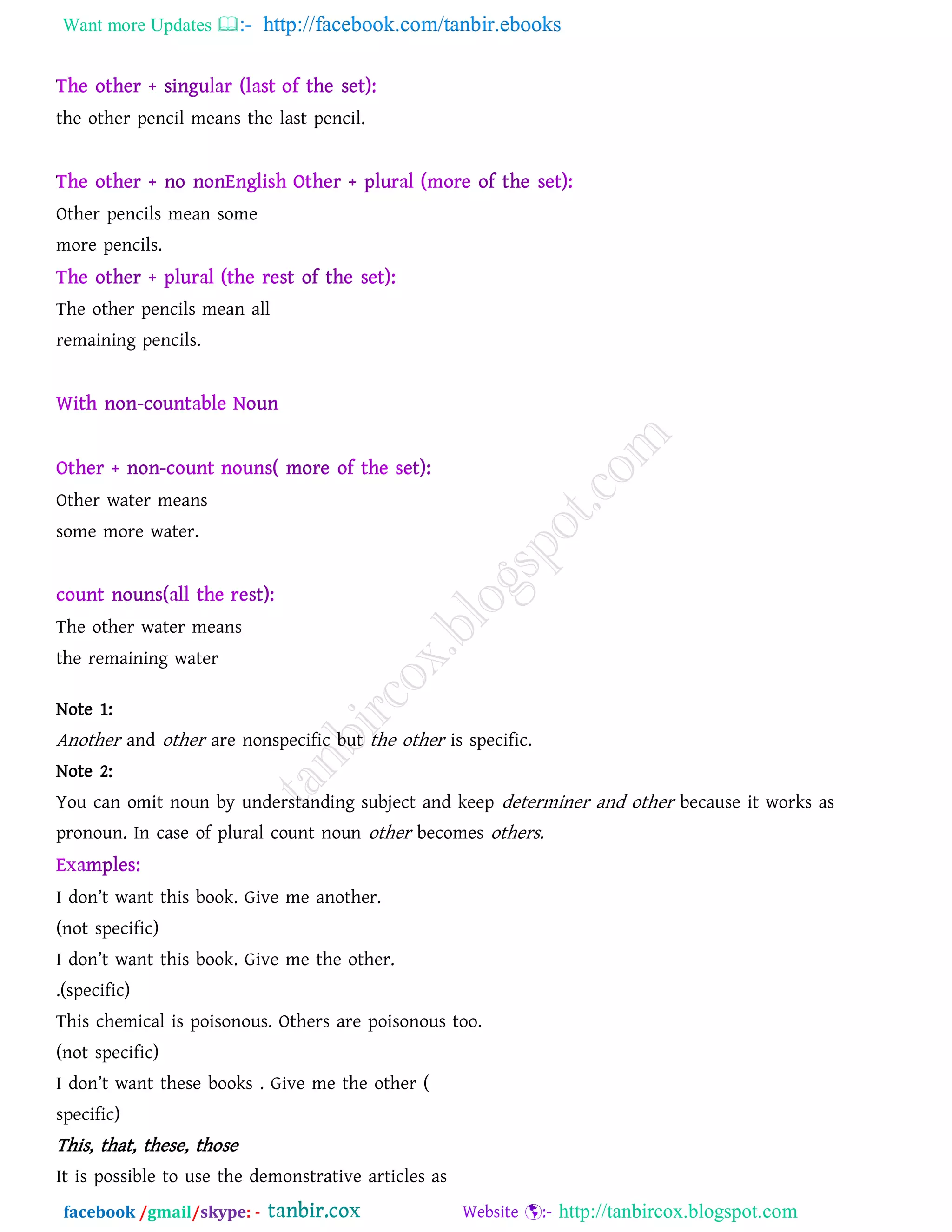Want more Updates  http://facebook.com/tanbir.ebooks
facebook /gmail/skype: - http://tanbircox.blogspot.com
the other pencil means the last pencil.
Other pencils mean some
more pencils.
The other pencils mean all
remaining pencils.
Other water means
some more water.
The other water means
the remaining water
Note 1:
Another and other are nonspecific but the other is specific.
Note 2:
You can omit noun by understanding subject and keep determiner and other because it works as
pronoun. In case of plural count noun other becomes others.
I don’t want this book. Give me another.
(not specific)
I don’t want this book. Give me the other.
.(specific)
This chemical is poisonous. Others are poisonous too.
(not specific)
I don’t want these books . Give me the other (
specific)
This, that, these, those
It is possible to use the demonstrative articles as
 