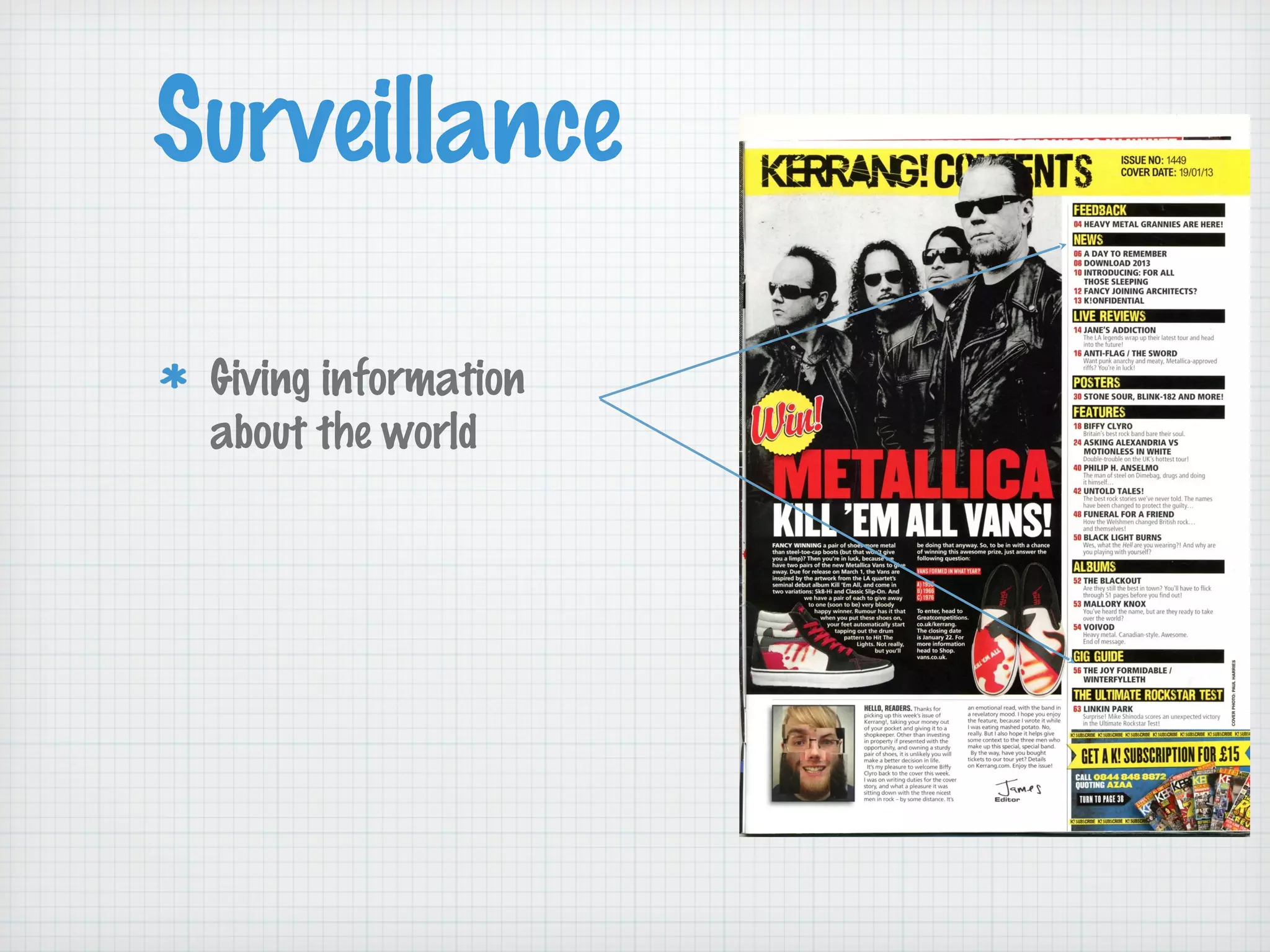 Surveillance 
Giving information 
about the world 
 