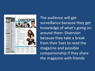 The audience will get
surveillance because they get
knowledge of what's going on
around them. Diversion
because they take a break
from their lives to read the
magazine and possible
companionship if they share
the magazine with friends
 