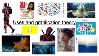 IDENTIFY
EDUCATE
ENTERTAINMENT
SOCIALINTERACTION
Uses and gratification theory
 