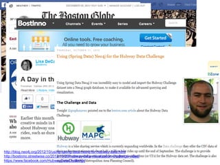http://blog.neo4j.org/2012/10/using-spring-data-neo4j-for-hubway-data.html
http://bostinno.streetwise.co/2012/10/26/hubway-data-visualization-challenge-video/
https://www.facebook.com/HubwayDataChallenge

 