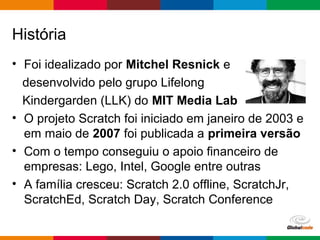 Globalcode – Open4education
História
• Foi idealizado por Mitchel Resnick e
desenvolvido pelo grupo Lifelong
Kindergarden (LLK) do MIT Media Lab
• O projeto Scratch foi iniciado em janeiro de 2003 e
em maio de 2007 foi publicada a primeira versão
• Com o tempo conseguiu o apoio financeiro de
empresas: Lego, Intel, Google entre outras
• A família cresceu: Scratch 2.0 offline, ScratchJr,
ScratchEd, Scratch Day, Scratch Conference
 