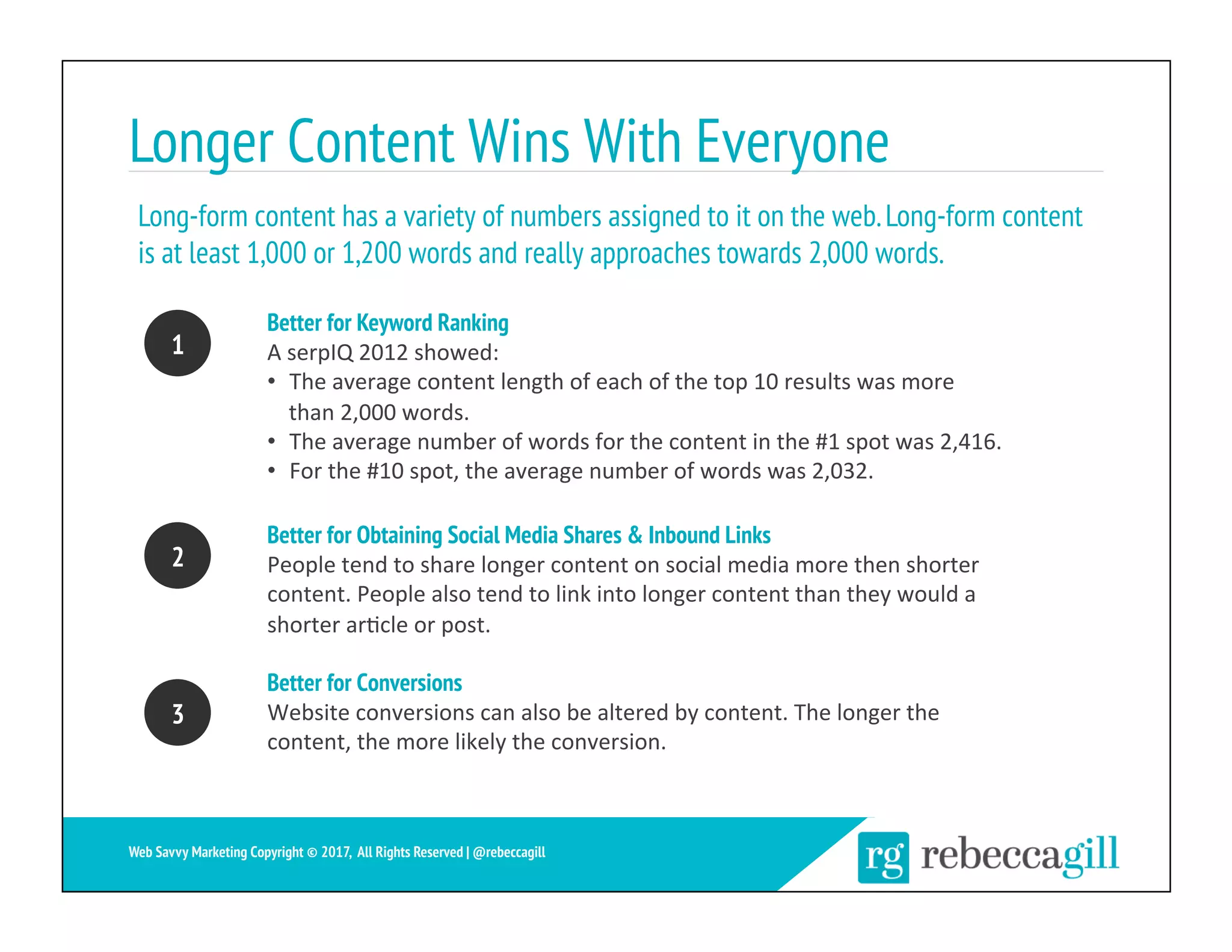 Longer Content Wins With Everyone
Better for Keyword Ranking
A	serpIQ	2012	showed:	
•  The	average	content	length	of	each	of	the	top	10	results	was	more	
than	2,000	words.	
•  The	average	number	of	words	for	the	content	in	the	#1	spot	was	2,416.	
•  For	the	#10	spot,	the	average	number	of	words	was	2,032.	
Better for Obtaining Social Media Shares & Inbound Links
People	tend	to	share	longer	content	on	social	media	more	then	shorter	
content.	People	also	tend	to	link	into	longer	content	than	they	would	a	
shorter	ar;cle	or	post.	
Better for Conversions
Website	conversions	can	also	be	altered	by	content.	The	longer	the	
content,	the	more	likely	the	conversion.	
13	
Web Savvy Marketing Copyright © 2017, All Rights Reserved | @rebeccagill
1
2
3
Long-form content has a variety of numbers assigned to it on the web.Long-form content
is at least 1,000 or 1,200 words and really approaches towards 2,000 words.
 
