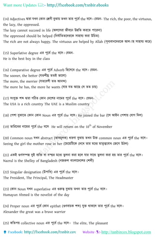 Want more Updates 
http://tanbircox.blogspot.com
(14) Adjectives দ্বারা যখি কোি কেণী বুঝায় তখি তার পূলবি the বলস। কযমি- The rich, the poor, the virtuous,
the lazy, the oppressed.
The lazy cannot succeed in life (অেলসরা জীবলি উন্ননত েরলত পালরিা)
The oppressed should be helped (নিযিানততলদরলে সাহাযয েরা উনচত)
The rich are not always happy. The virtuous are helped by Allah (পূিযবািলদরলে আোাহ সাহাযয েলর)
(15) Superlative degree এর পূলবি the বলস। কযমি-
He is the best boy in the class
(16) Comparative degree এর পূলবি Adverb নহলসলব the বলস। কযমি-
The sooner, the better (যতশীঘ্র ততই ভালো)
The more, the merrier (যতলবশী তত আিন্দ)
The more he has, the more he wants (যার যত আলছ কস তত চায়)
(17) সংযুি শে দ্বারা েনেত কোি কদলশর িালমর পূলবি the বলস। কযমি-
The USA is a rich country The UAE is a Muslim country
(18) কপশা বুঝালত কোি কোি Noun এর পূলবি the বলস। He joined the bar (লস আইি কপশায় কযাে নদে)
(19) তানরলখর িালমর পূলবি the বলস He will return on the 10
th
of November
(20) Common noun যখি abstract (ভাবমূেে) িারণা বুঝায় তখি উি common noun এর পূলবি the বলস।
Seeing the girl the mother rose in her (লমলয়নিলে কদলখ তার মলিয মাতৃত্বলবাি কজলে উেে)
(21) এেই গুণসম্পন্ন দুই বযনি বা বস্ত্তর মলিয তুেিা েরা হলে যার সালথ তুেিা েরা হয় তার পূলবি the বলস।
Nazrul is the Shelley of Bangladesh (িজরুে বাংোলদলশর কশেী)
(22) Singular designation (উপানি) এর পূলবি the বলস।
The President, The Principal, The Headmaster
(23) কোি Noun যখি superlative এর গুরুত্ব বুঝায় তখি তার পূলবি the বলস।
Humayun Ahmed is the novelist of the day
(24) Proper noun এর পূলবি কোি epithet (গুণবাচে শে) যুি থােলে তার পূলবি the বলস।
Alexander the great was a brave warrior
(25) েনতপয় collective noun এর পূলবি the বলস। The elite, The pleasant
 