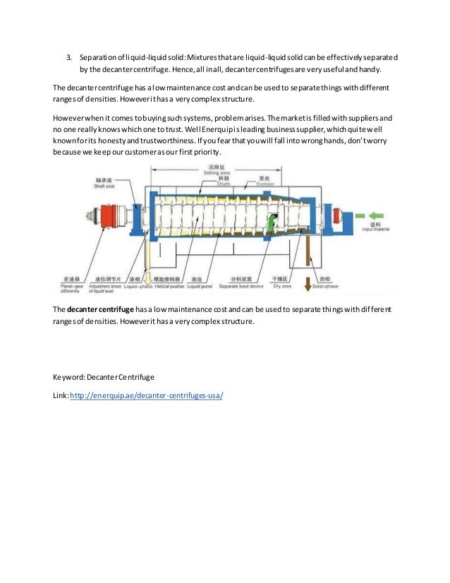 Uses of decanter centrifuge systems.