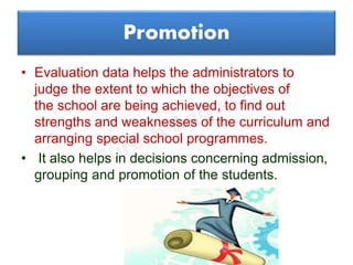 Promotion
• Evaluation data helps the administrators to
judge the extent to which the objectives of
the school are being achieved, to find out
strengths and weaknesses of the curriculum and
arranging special school programmes.
• It also helps in decisions concerning admission,
grouping and promotion of the students.
 